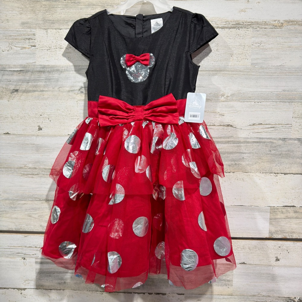 Disney Minnie Mouse Dress Girls 7/8 Red Black Sequin Polka Dot Party NWT